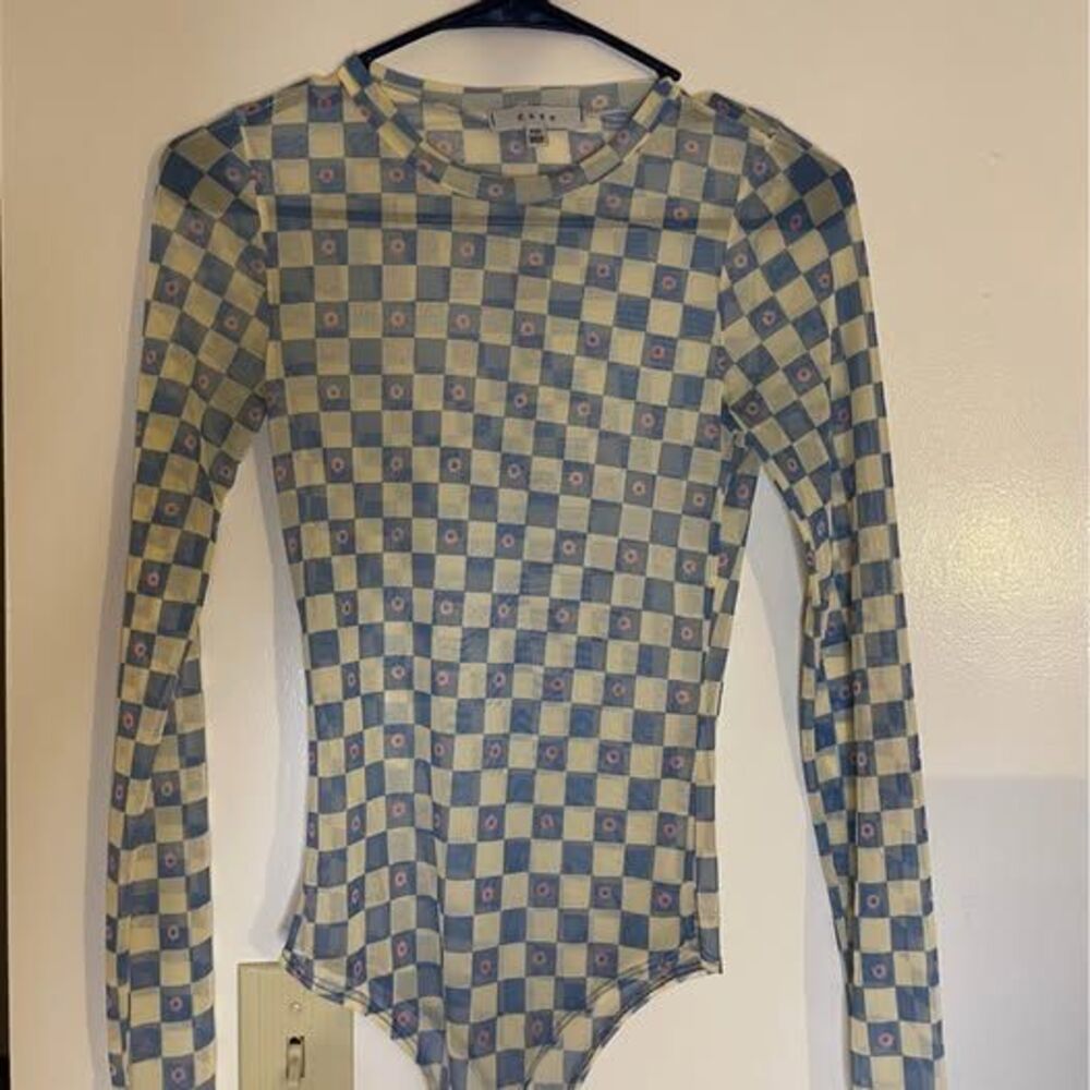 Blue and Cream Checkered Long Sleeve Mesh Bodysuit Top with Flower Detailing